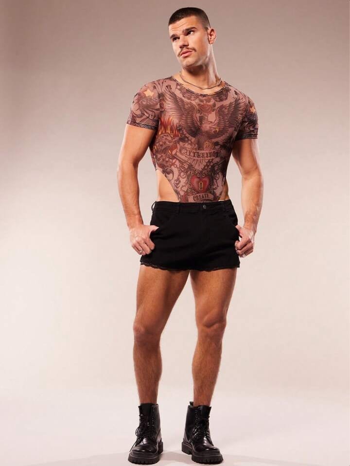 Men's Eagle Print Round Neck Short Sleeve High Cut Mesh Bodysuit